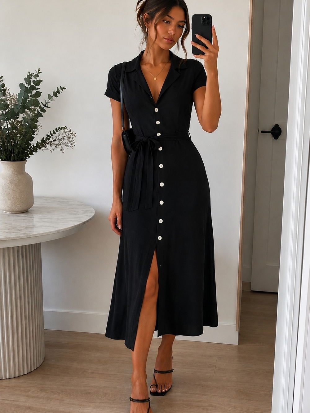 Wilfred Black Midi Shirt Dress with Button Front and Tie Waist